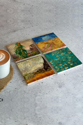 HEDİYEDİYE Vincent Van Gogh Set of 4 - Stone Colored Cup and Coaster, VanGogh01