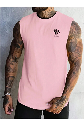 MOONBULL Erkek Palmiye Baskılı Kolsuz T-shirt