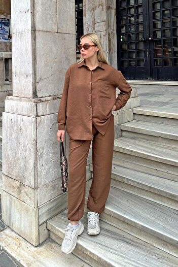 Swist Brown Elastic Leg Single Pocket Shirt-Pants Bottom-Top Women's Set