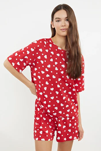 Trendyol Collection Heart Pattern Red Cotton Shorts Pajama Set - Thmss24Pt00394