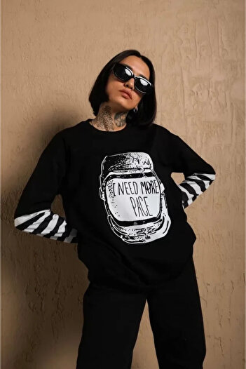 Moka Shopin Long Sleeve Striped Unisex Combed Cotton T-Shirt - Black