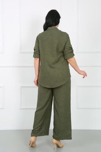 By Alba Collection Plus Size Γυναικείο Χακί Μαλακό Λινό Παντελόνι - Ελαστική Μέση