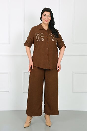 By Alba Collection Soft Linen Large Size Trousers - Tan, Elastic Waist