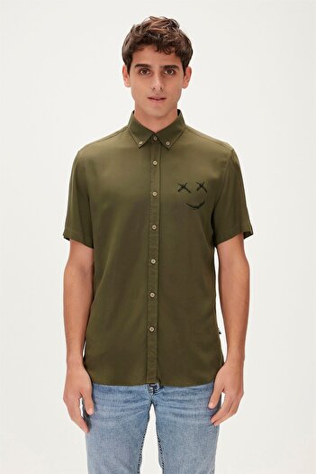 Bad Bear Smile Shirt Khaki Green Short Sleeve Printed Men's Shirt
