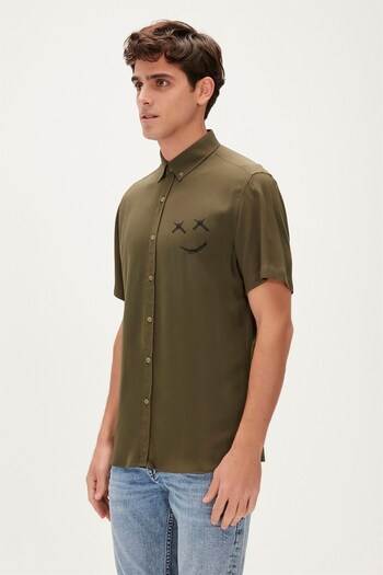 Bad Bear Smile Shirt Khaki Green Short Sleeve Printed Men's Shirt