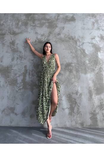 ZF BUTİK Viscose Patterned Double-breasted Dress