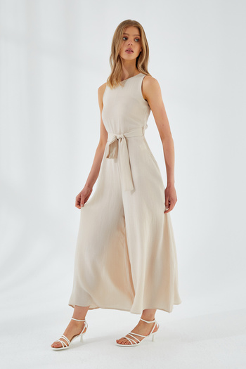 Mixray 4530 Women's Beige Loose Wide Leg Linen Jumpsuit