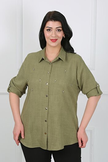 By Alba Collection Women's Khaki Jewelled Soft Linen Plus Size Shirt