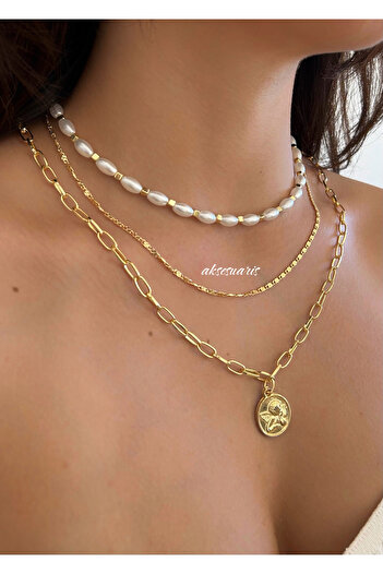 aksesuaris Set of 3 Medallion and Pearl Necklace