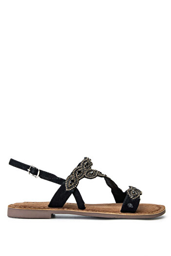 LAZAMANİ Lazamani Women's Black Genuine Leather Flat Sandals