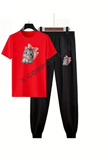 x-compass life CUTE CAT Patterned Women's T-shirt and Jogger T-shirt - Crew Neck Tracksuit Set