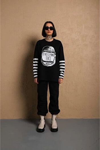 Moka Shopin Long Sleeve Striped Unisex Combed Cotton T-Shirt - Black