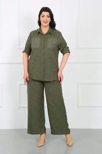By Alba Collection Plus Size Γυναικείο Χακί Μαλακό Λινό Παντελόνι - Ελαστική Μέση