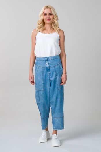Bold & Young Women's indigo Color Bleach Wash Pocket Wide Leg Elastic Waist Thin Lyocell Fabric Jeans
