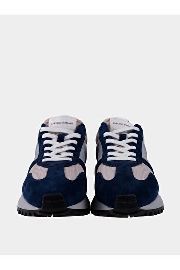 Emporio Armani Erkek Marka Logolu Bağcıklı Kaydırmaz Tabanlı Günlük Bej - Lacivert Sneaker X4X640 XR102-T859