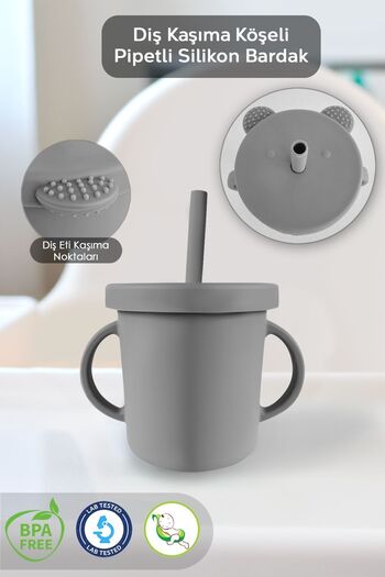 Meleni Baby Gray Silicone Baby Feeding and Training Cup - with Leak-Proof Lid and Straw
