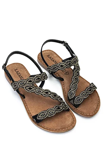 LAZAMANİ Lazamani Women's Black Genuine Leather Flat Sandals