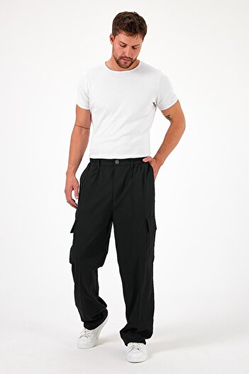 DAMGA JEANS Erkek Oversize Bol Paça Kargo Cepli Siyah Baggy Pantolon
