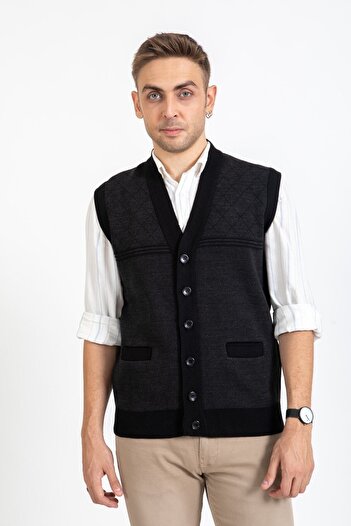 Mutlu City Men's Middle Age and Above Knitwear Knitted Acrylic Winter Diamond Patterned Dad Buttoned Vest 2071-2 Black