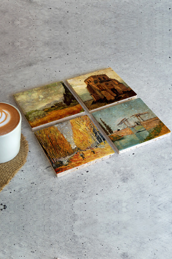 HEDİYEDİYE Vincent Van Gogh Set of 4 - Stone Colored Cup and Coaster, VanGogh01