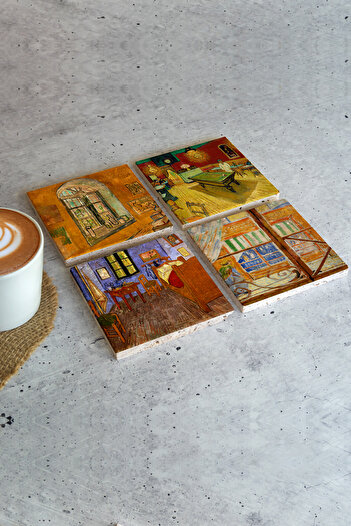 HEDİYEDİYE Vincent Van Gogh Set of 4 - Stone Colored Cup and Coaster, VanGogh01