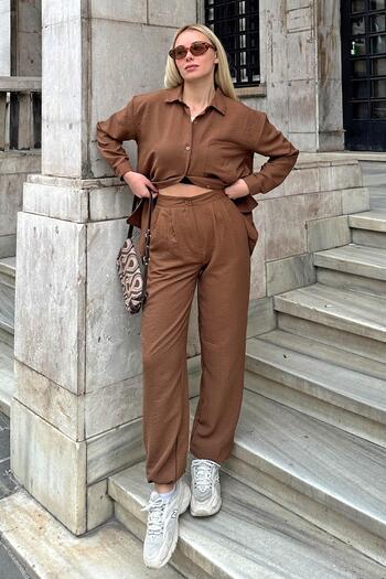 Swist Brown Elastic Leg Single Pocket Shirt-Pants Bottom-Top Women's Set