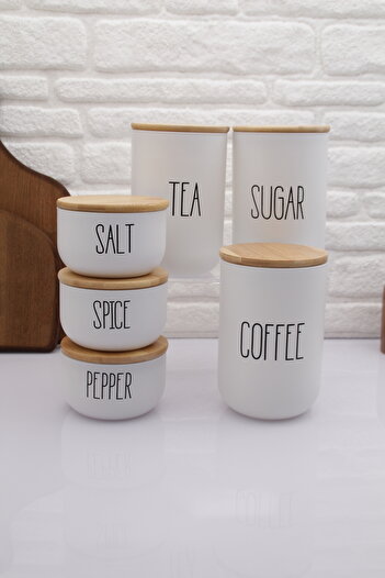 zezedesing 1000ML - 370 ML Jar Set with Bamboo Lid Glass White TEA COFFEE SUGAR SALT PEPPER SPICE
