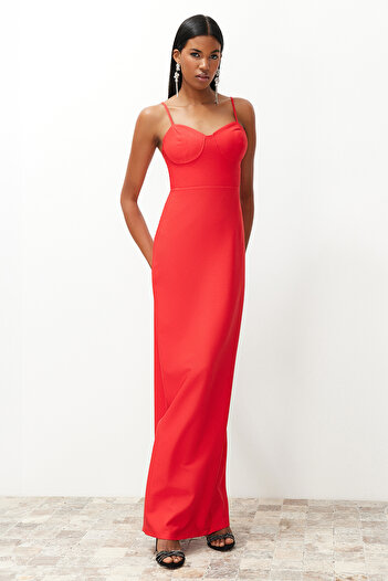 Trendyol Collection Red Fitted Long Evening Dress Tprss24Ae00115