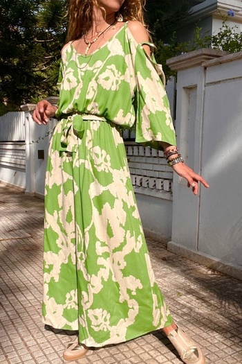 Güneşkızı Green Long Dress - Elastic Waist, Belt and Off-the-shoulder Cut, BST-3628Green