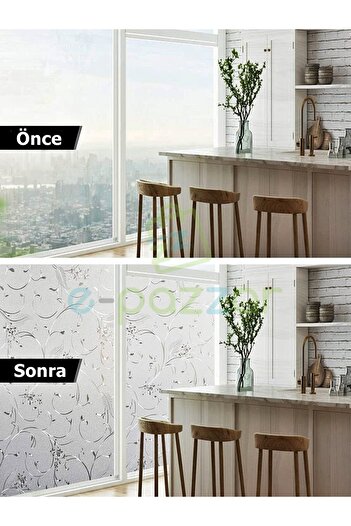 epazzar 3 Metre X 60 Cm Uv Koruyucu Dekoratif 3d Buzlu Çiçek Desenli Cam Banyo Pencere Folyosu Statik Sticke