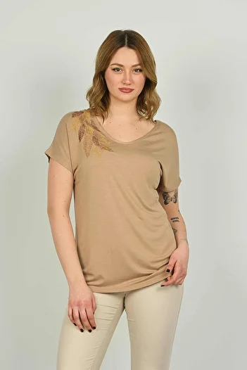 ELLA CAMELIA Women's Patterned Short Sleeve Blouse with Back Detail 20E065 Mink