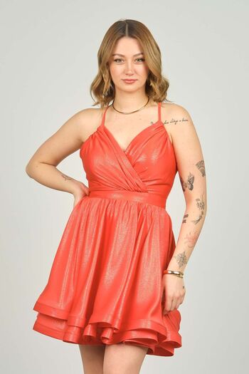 Saygın Women's Strappy Skirt Fold Detailed Mini Evening Dress 3509 Coral