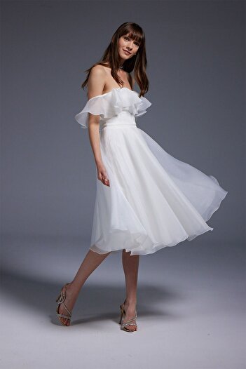DORİDORCA Doridorca Strapless Collar Midi Evening Dress 6013 - White Off Shoulder