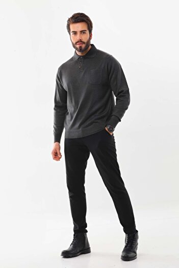 Günay Men's Polo Collar Pocket Detailed Wool Sweater 3000 Smoked