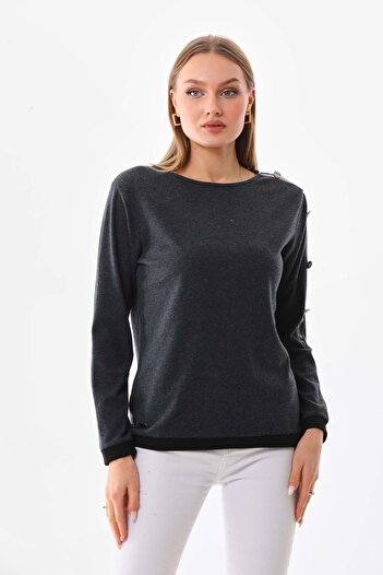 Sistas Women's Single Sleeve Button Detailed Long Sleeve Blouse 23527 Anthracite
