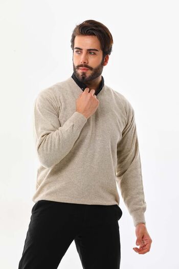 Günay Men's V-Neck Wool Sweater 7000 Beige