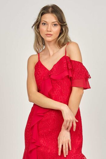 Pierre Cardin Kadın Ip Askılı Fırfır Detaylı Abiye Elbise 5816858 Kırmızı
