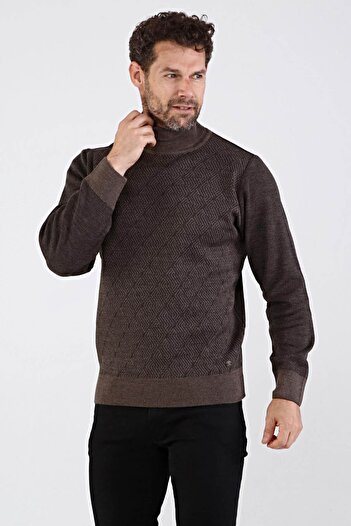 Çizgi Triko Men's Full Turtleneck Knitwear Sweater 4604e Brown