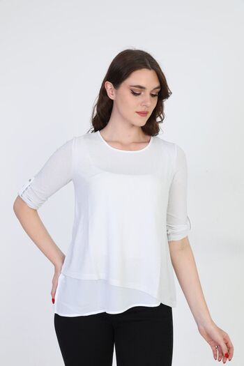 ELLA CAMELIA Women's Asymmetrical Tulle Detailed Blouse 042 Ecru