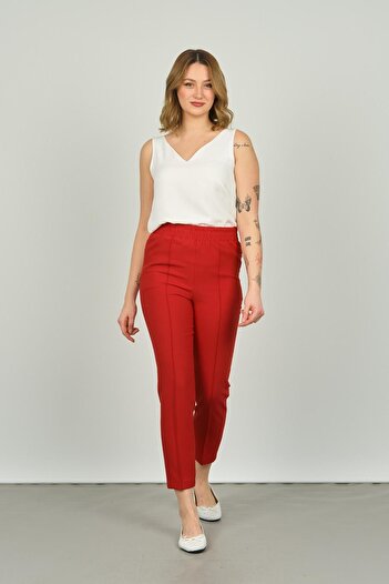 F&A Textile Women's Ankle Length Front Line Stitching Skinny Fit Trousers 6000 Red