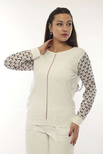 Sistas Women's Crew Neck Patterned Long Sleeve Blouse 3314 Ecru