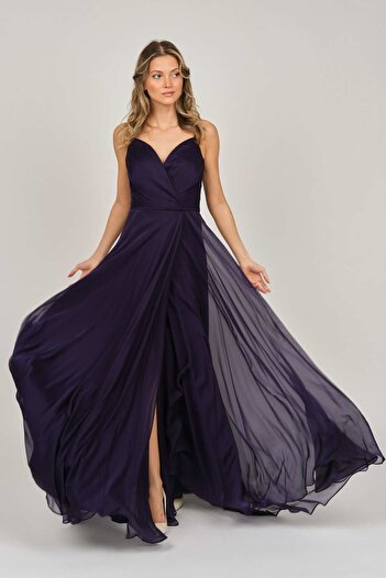 ŞEREF VURAL Women's Strappy Chiffon Evening Dress 5437817 Purple