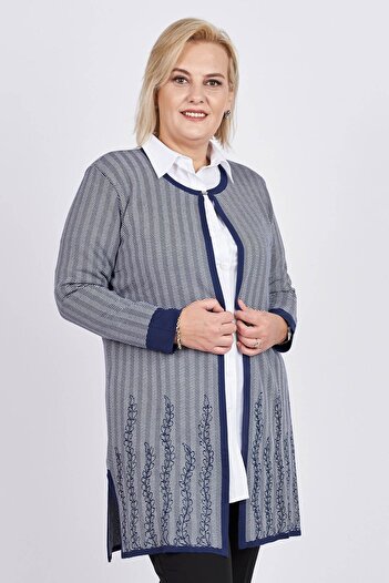 Büşra Triko Women's Navy Blue Floral Embroidery Detailed Patterned Cardigan 3998202
