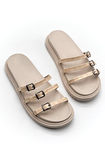Shoebutik Beige Croquet Patterned Three-Stripes Women's Slippers