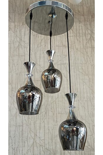TREND 3lü Gümüş Laleli Füme Camlı Modern Avize