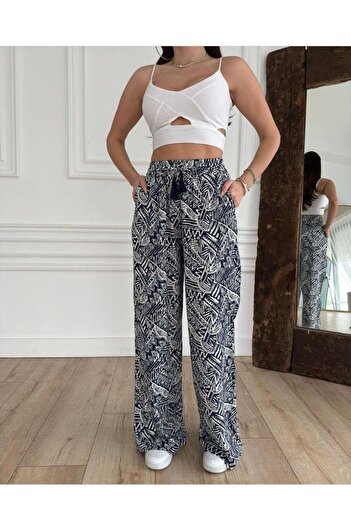 My Blog Navy Blue Patterned Wide Leg Trousers - Brand Model