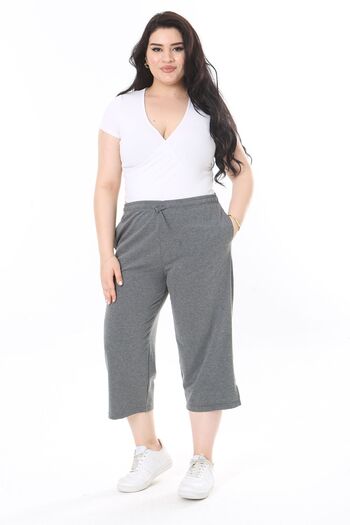Şans Gray Elastic Waist Large Size Women's Tracksuit Capri - 65N37977