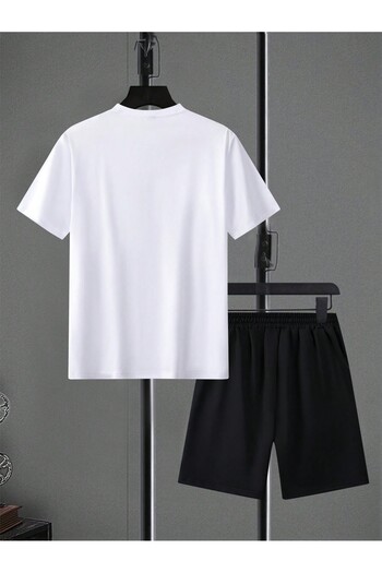 Mythologie White Black Printed Oversize T-Shirt and Shorts Set - Crew Neck