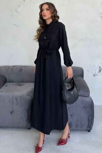 Know Μαύρο Modest Γυναικείο Φόρεμα - Γραβάτα με λαιμόκοψη, κουμπιά και μέση