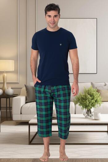 Mecit Pijama Чоловічий комплект піжами з капрі та фланелі - короткий рукав, картатий візерунок
